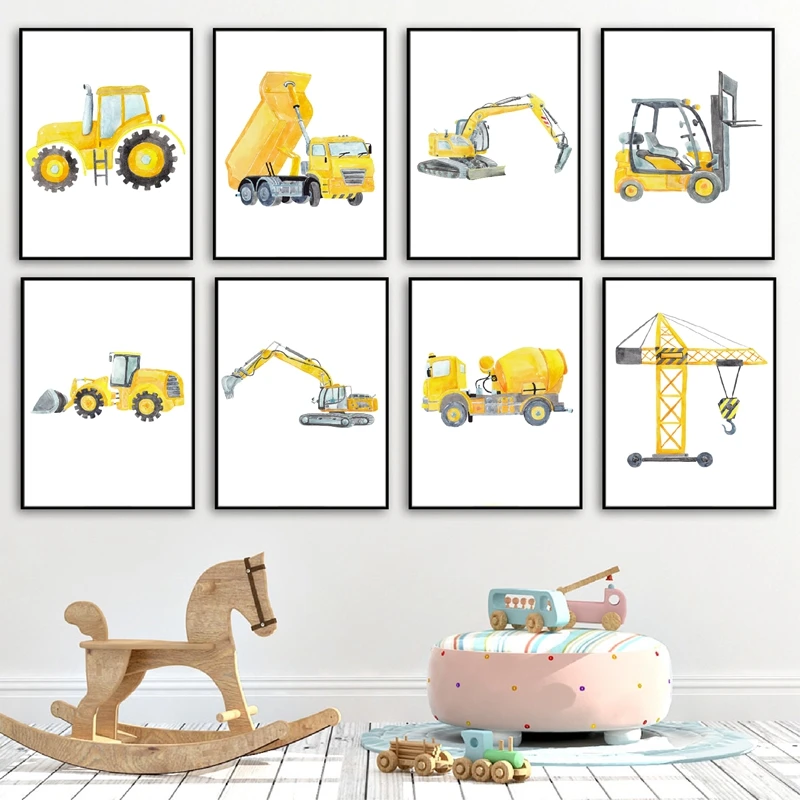 Heavy Equipment Background - Véhicules de Construction aquarelle pépinière mur