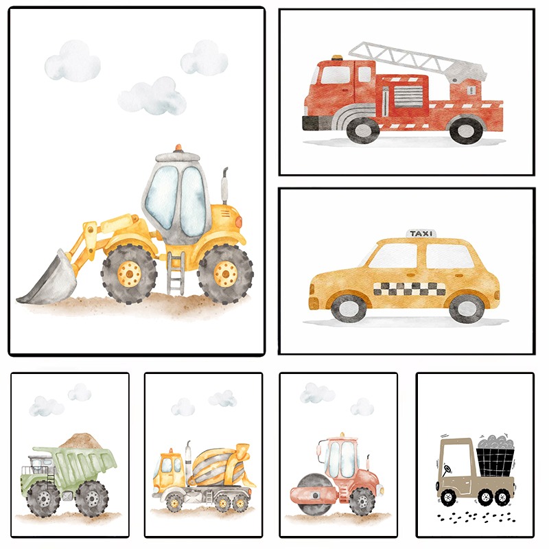 Heavy Equipment Background - Véhicules aquarelle, Art mural, camions de